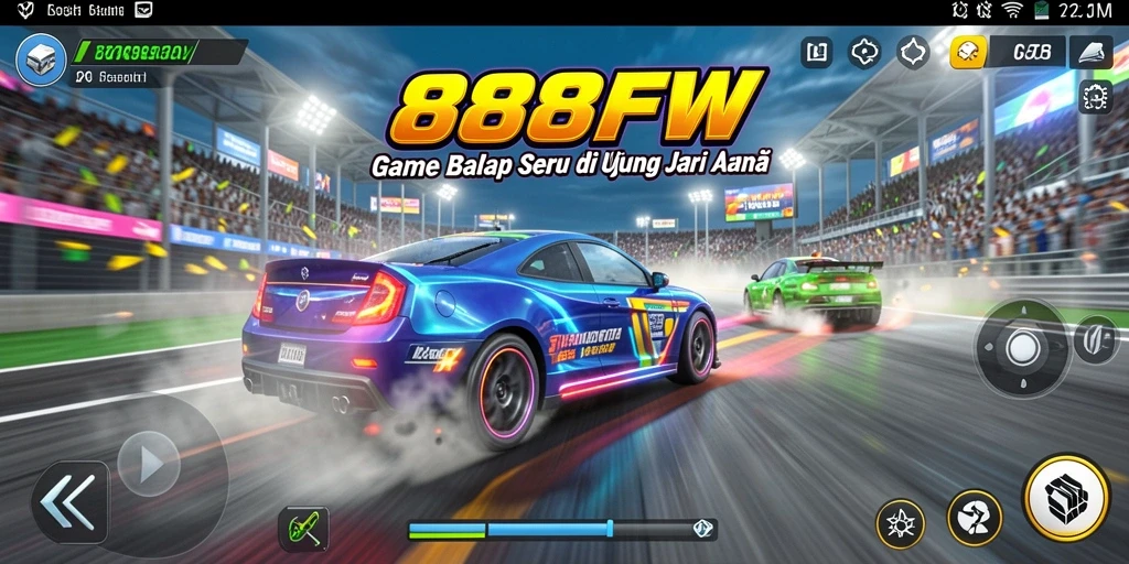 Tampilan gameplay menegangkan dari 888FW yang menunjukkan aksi balap yang seru.