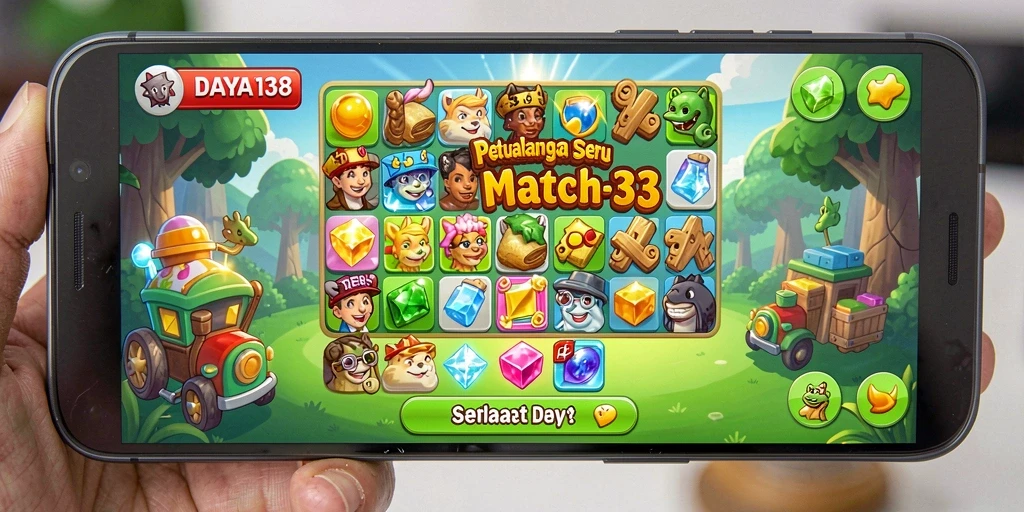 Screenshot utama menunjukkan gameplay seru match-3 dengan elemen warna-warni.