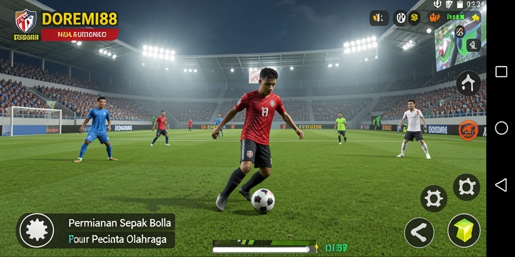 Tangkapan layar dari gameplay DOREMI88 dengan aksi sepak bola yang mendebarkan.