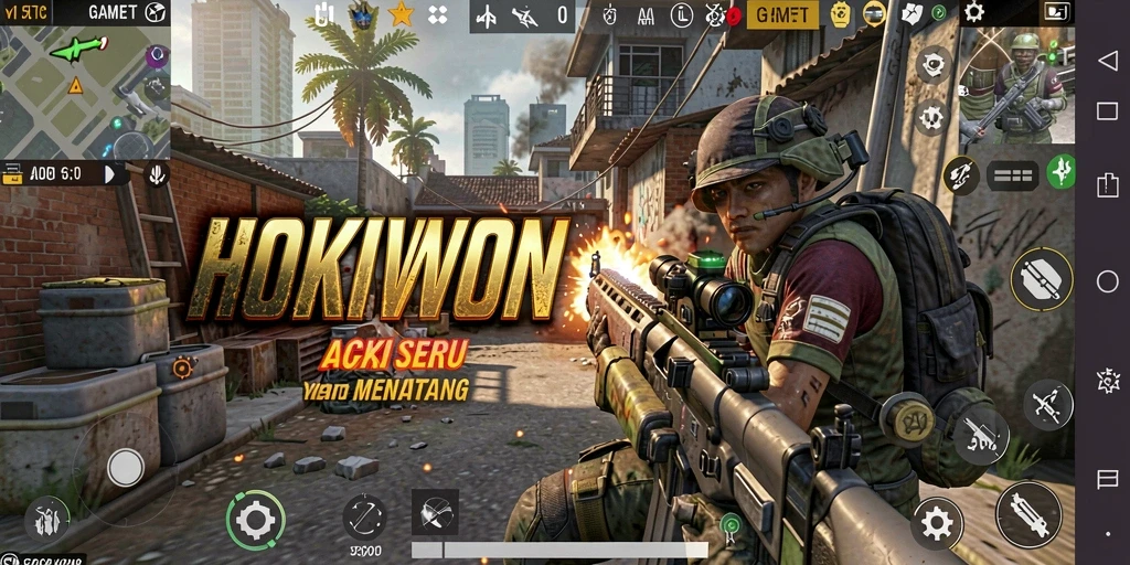 Tangkapan layar HOKIWON menampilkan aksi pertempuran FPS yang mendebarkan.