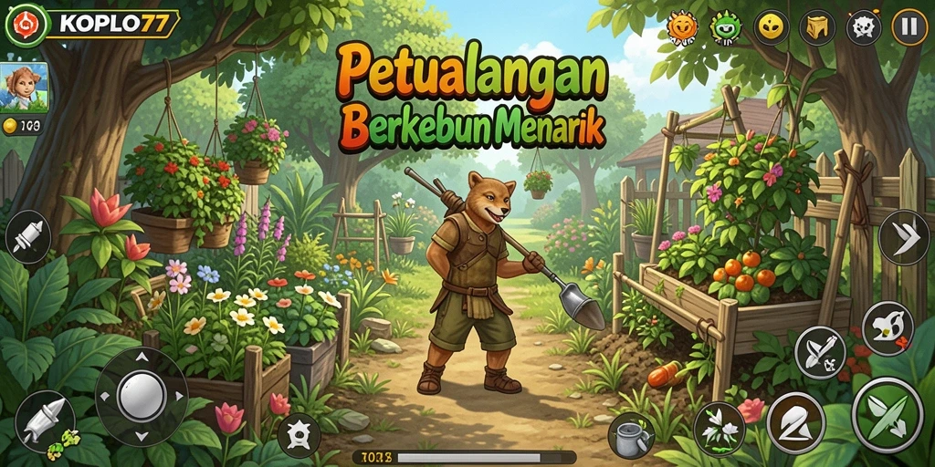 Tampilan gameplay KOPLO77 menampilkan kebun yang indah dan tanaman yang subur.