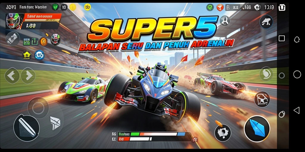 Gameplay penuh aksi di balapan SUPER5 dengan mobil kencang.