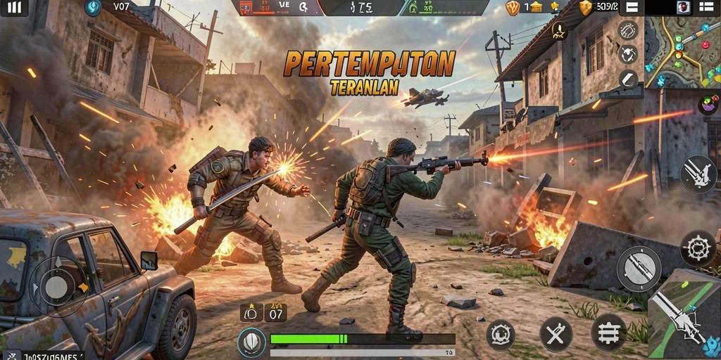 Screenshot gameplay V07 menampilkan aksi seru di arena Battle Royale yang menegangkan.
